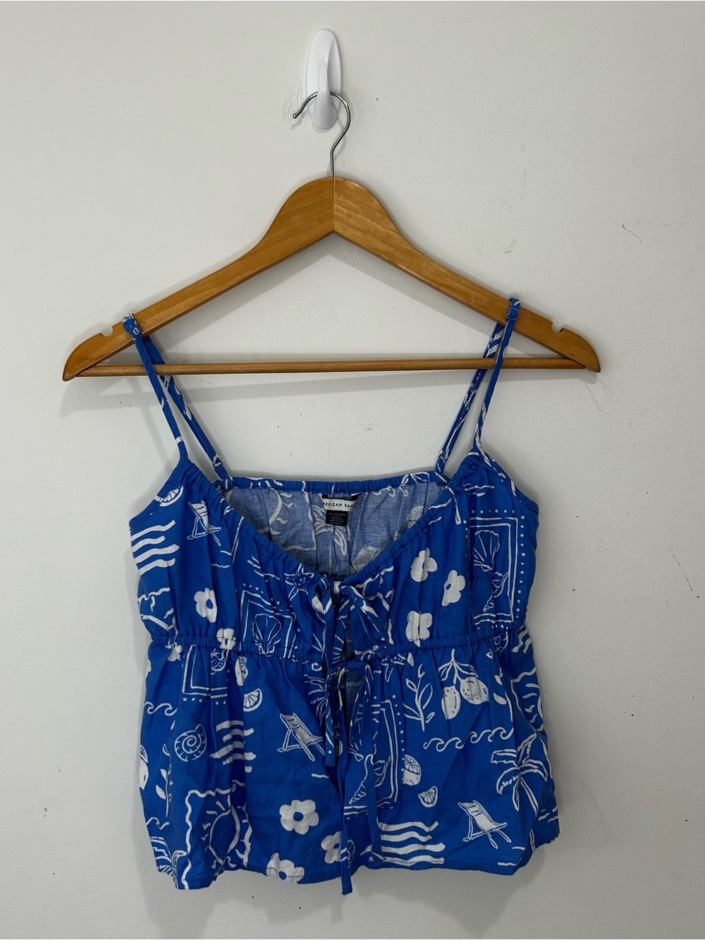 American Eagle Outfitters Blue White Floral Linen Tie Front Cami Crop Too XS